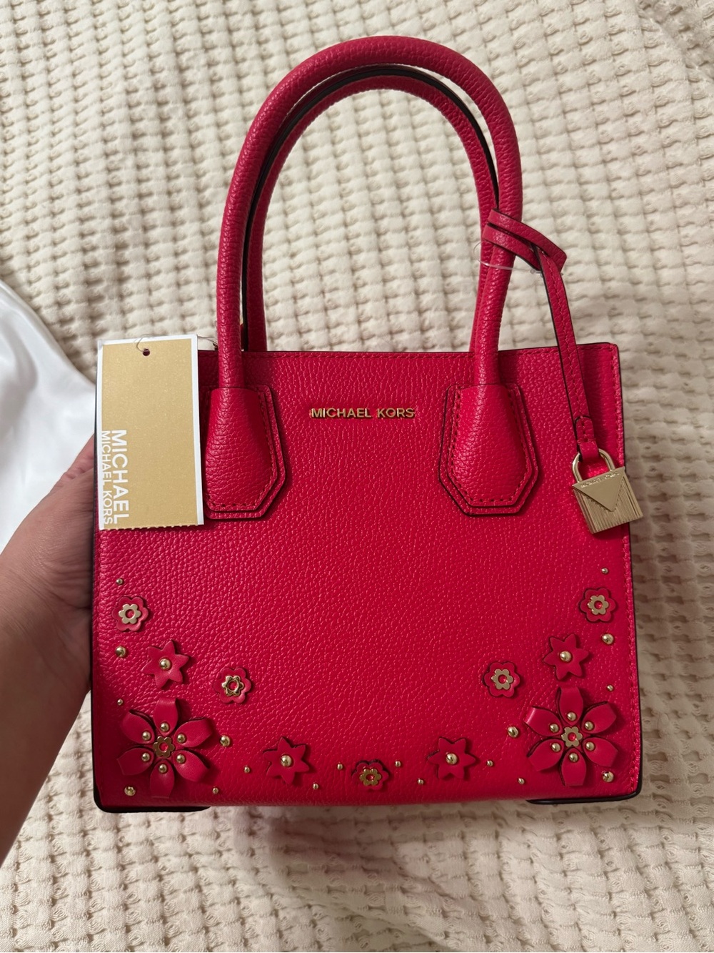 Michael Kors Red Floral-Appliqué Leather Satchel with Gold Accents